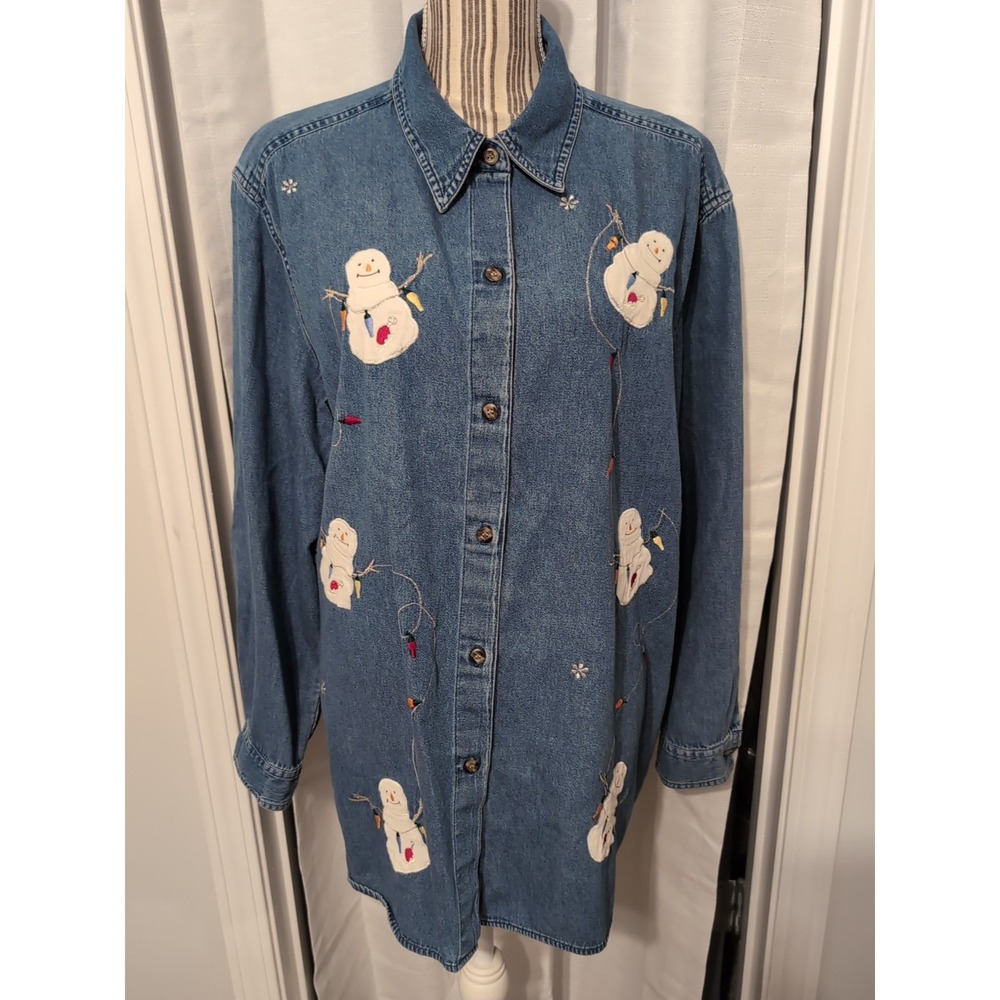 Vtg. Victoria Jones Woman Snowman Holiday Cotton Denim‎ Button-Up Shirt 2X